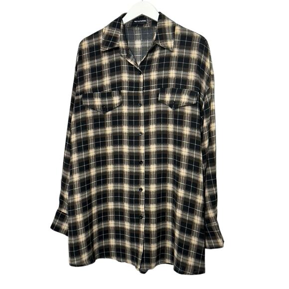 PrettyLittleThing Tops - PrettyLittleThing Brown & Tan Plaid Long Sleeve Oversize Button-Up Top Sz 8